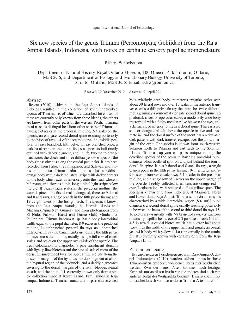 Six New Species of the Genus Trimma (Percomorpha; Gobiidae) from the Raja Ampat Islands, Indonesia, with Notes on Cephalic Sensory Papillae Nomenclature