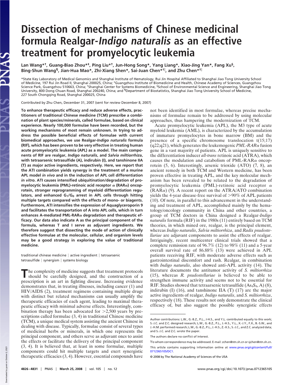 Dissection of Mechanisms of Chinese Medicinal Formula Realgar-Indigo Naturalis As an Effective Treatment for Promyelocytic Leukemia