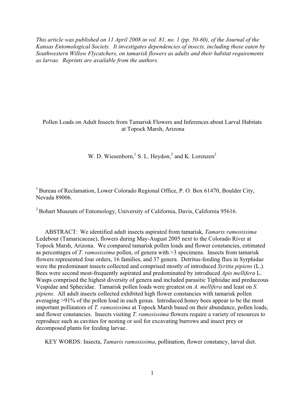 Pollen Loads on Adult Insects from Tamarisk Flowers and Inferences About Larval Habitats at Topock Marsh, Arizona