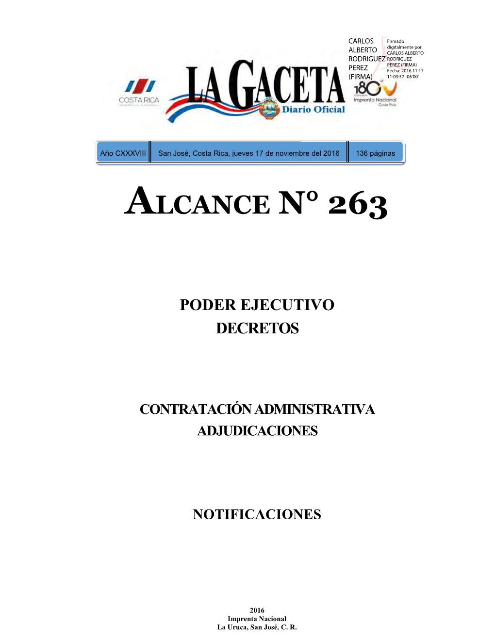 ALCANCE DIGITAL N° 263 a La Gaceta 221 De La Fecha 17 11 2016
