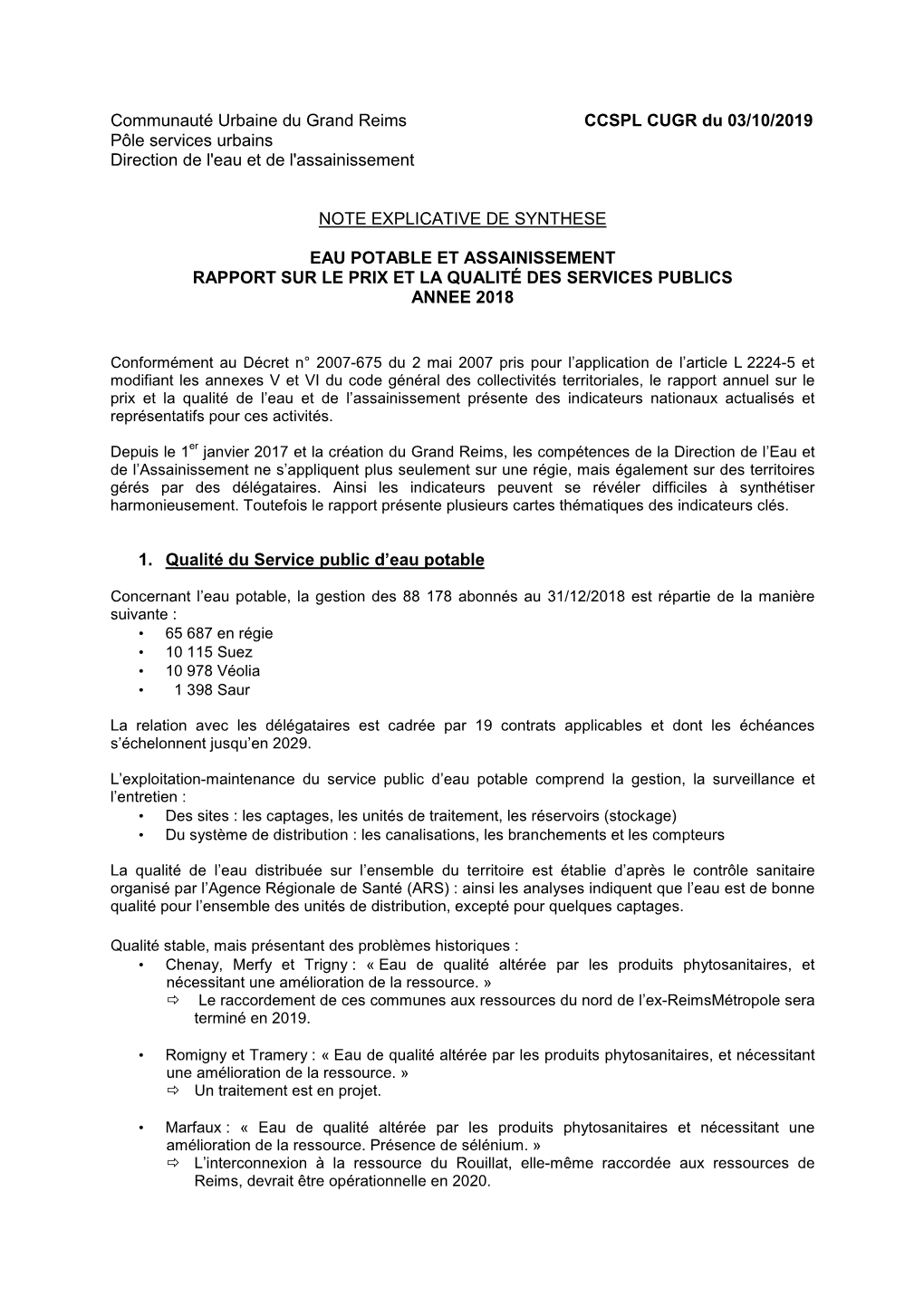 Communauté Urbaine Du Grand Reims CCSPL CUGR Du 03/10/2019 Pôle Services Urbains Direction De L'eau Et De L'assainissement