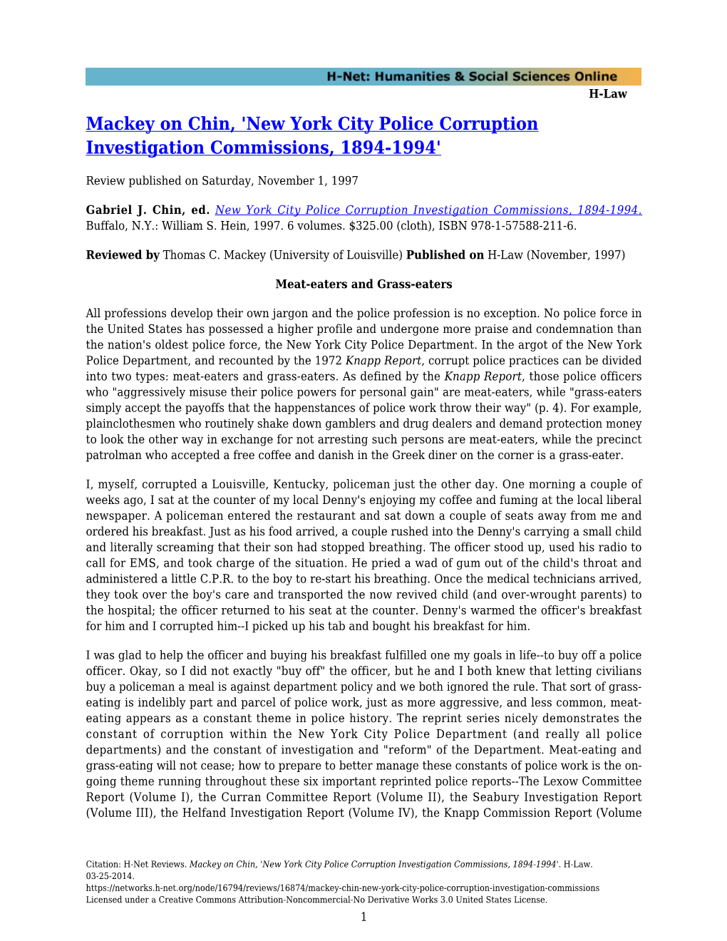 New York City Police Corruption Investigation Commissions, 1894-1994'