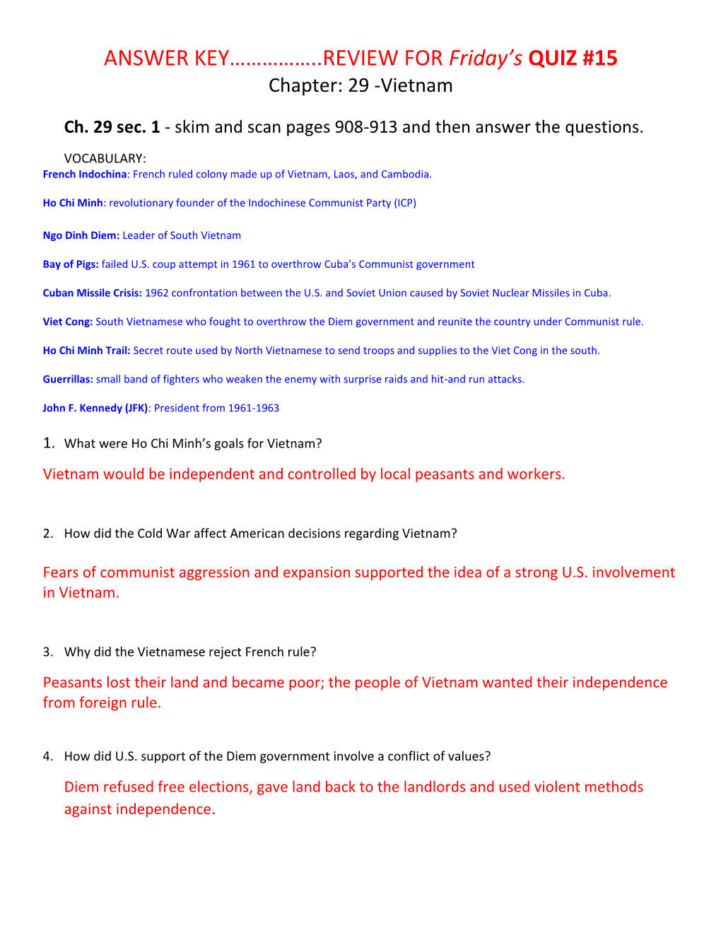 ANSWER KEY……………..REVIEW for Friday's QUIZ