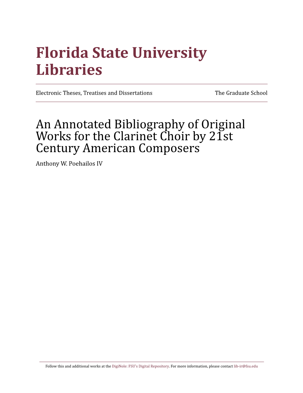 An Annotated Bibliography of Original Works for the Clarinet Choir by 21St Centuryanthony W