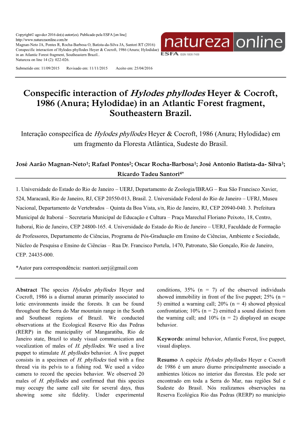 Conspecific Interaction of Hylodes Phyllodes Heyer & Cocroft, 1986