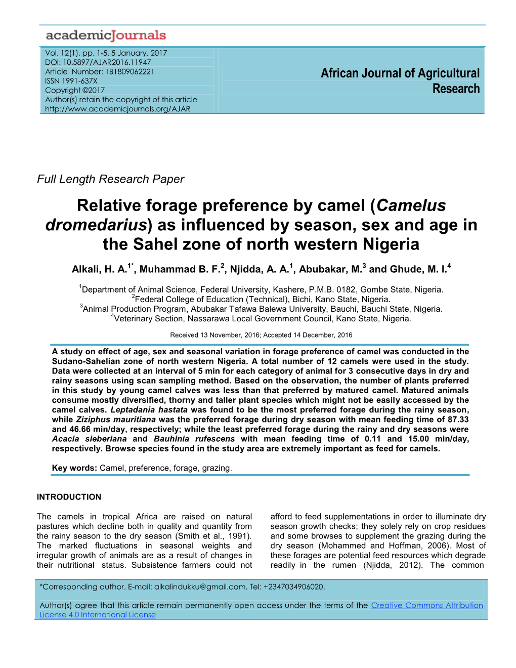 Relative Forage Preference by Camel (Camelus Dromedarius) As Influenced by Season, Sex and Age in the Sahel Zone of North Western Nigeria