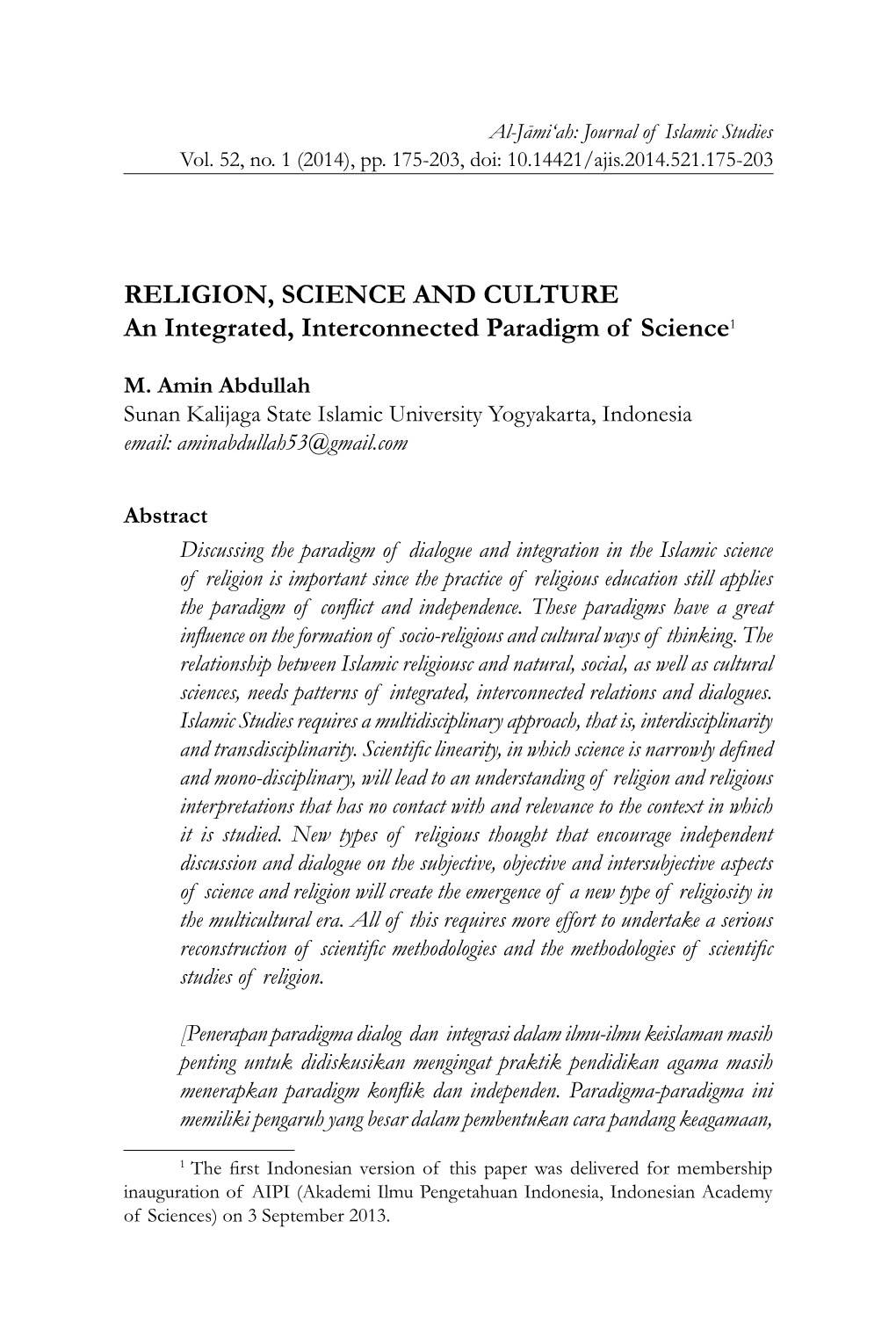 RELIGION, SCIENCE and CULTURE an Integrated, Interconnected Paradigm of Science1