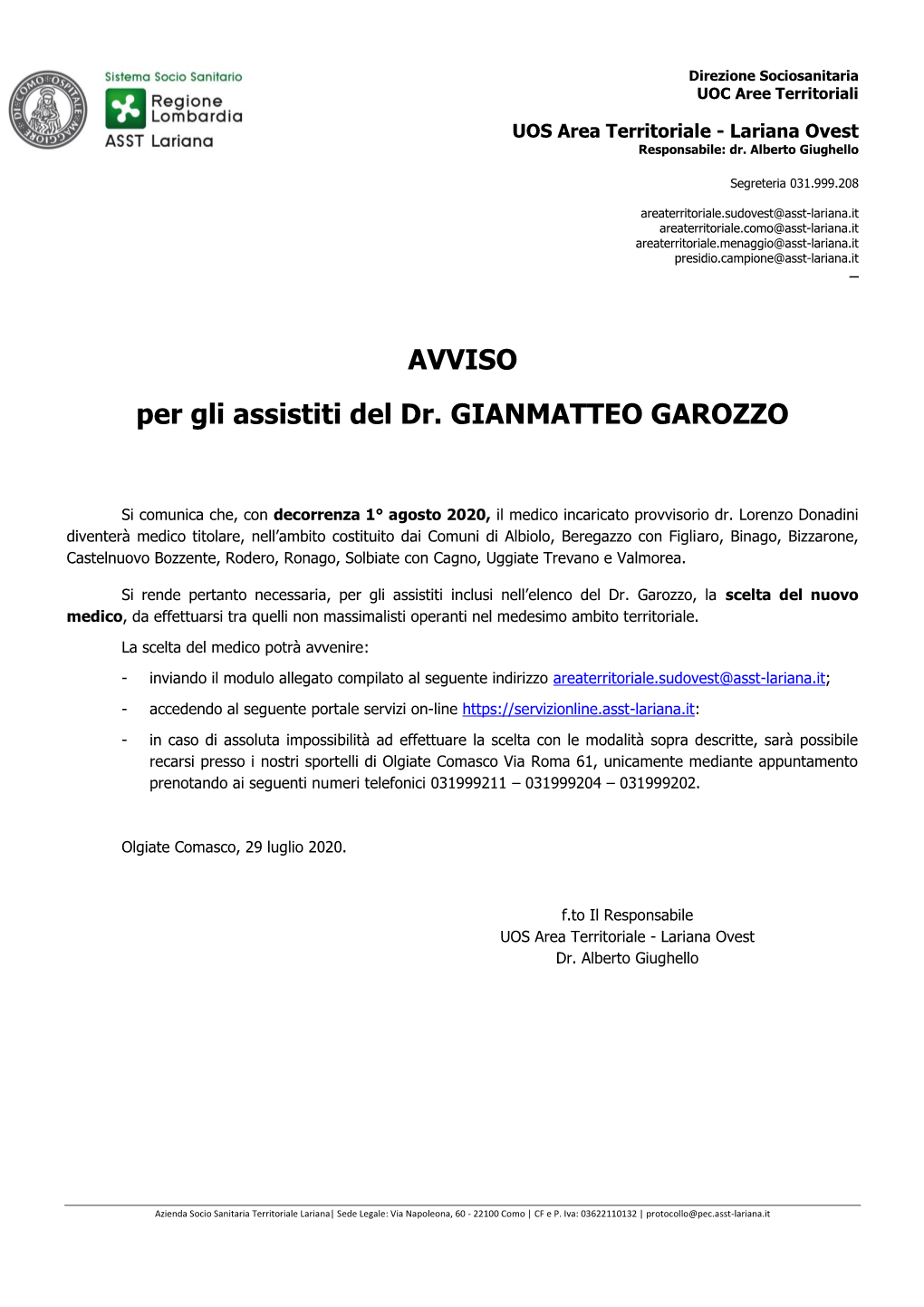 Avviso Cessazione Dr. Gianmatteo Garozzo