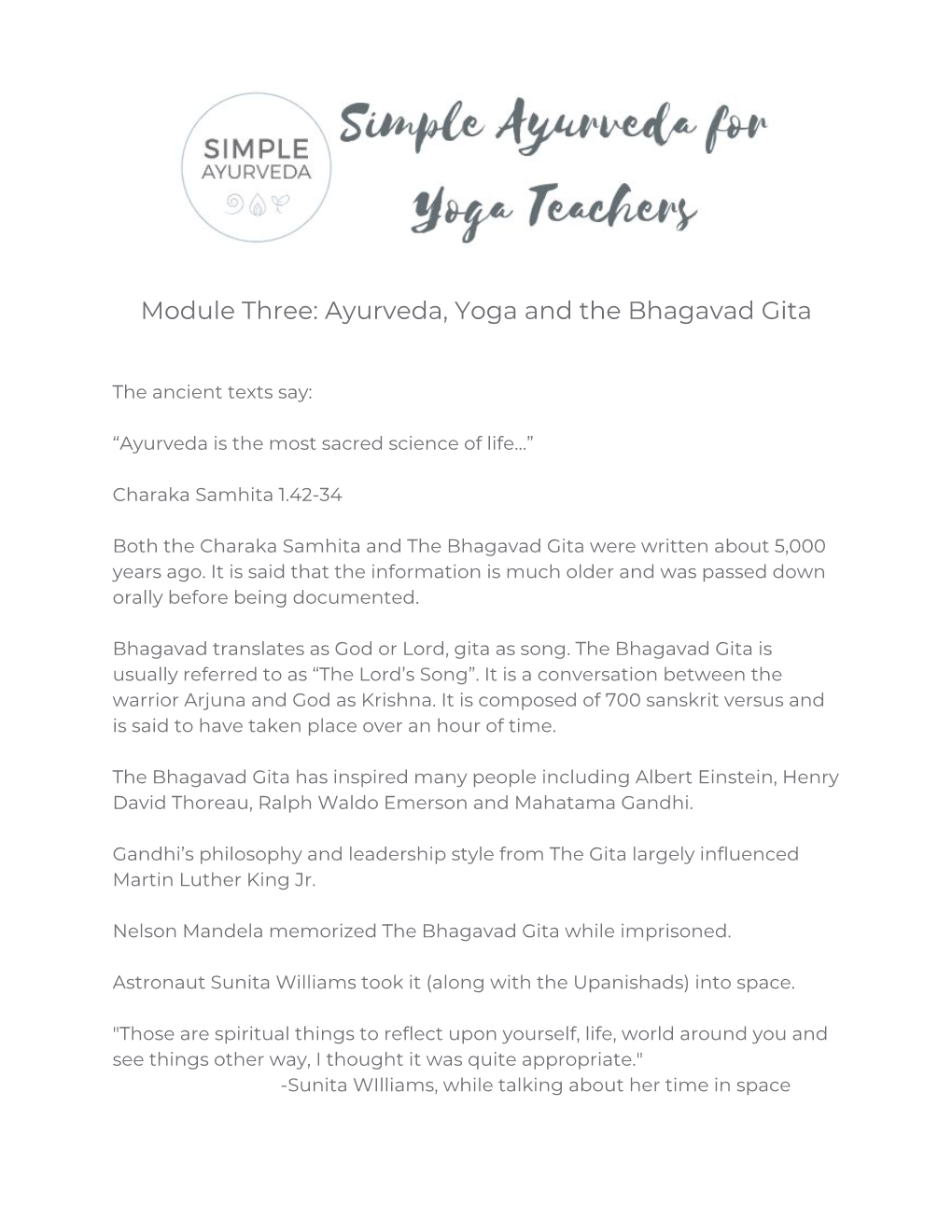 Module Three: Ayurveda, Yoga and the Bhagavad Gita