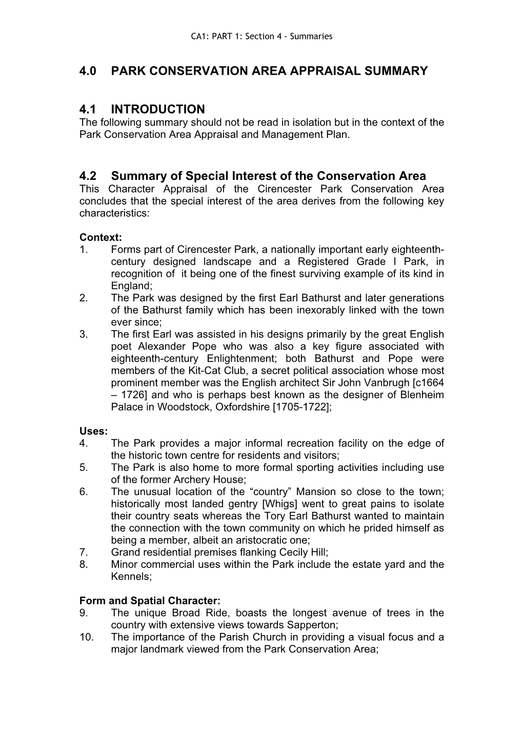 4.0 Park Conservation Area Appraisal Summary 4.1 Introduction