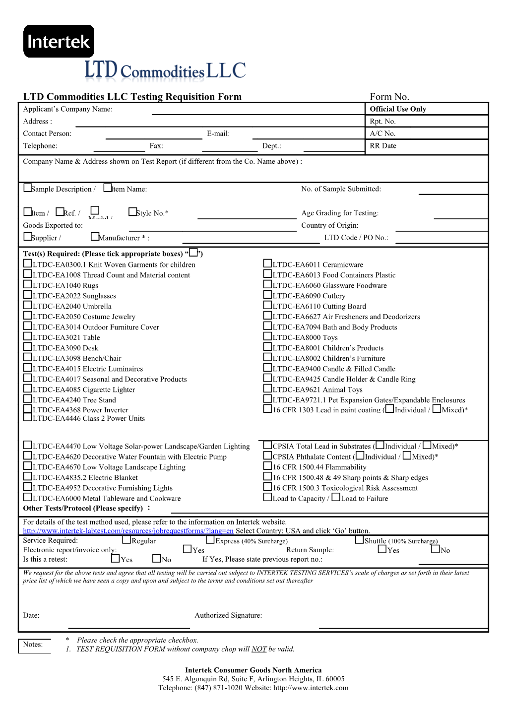 Toy Testing Requisition Form 玩具測試申請表