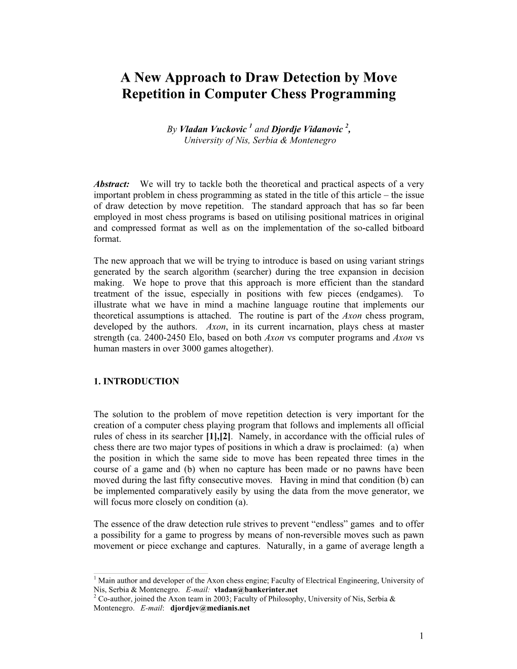 A New Approach to Draw Detection by Move Repetition in Computer Chess Programming