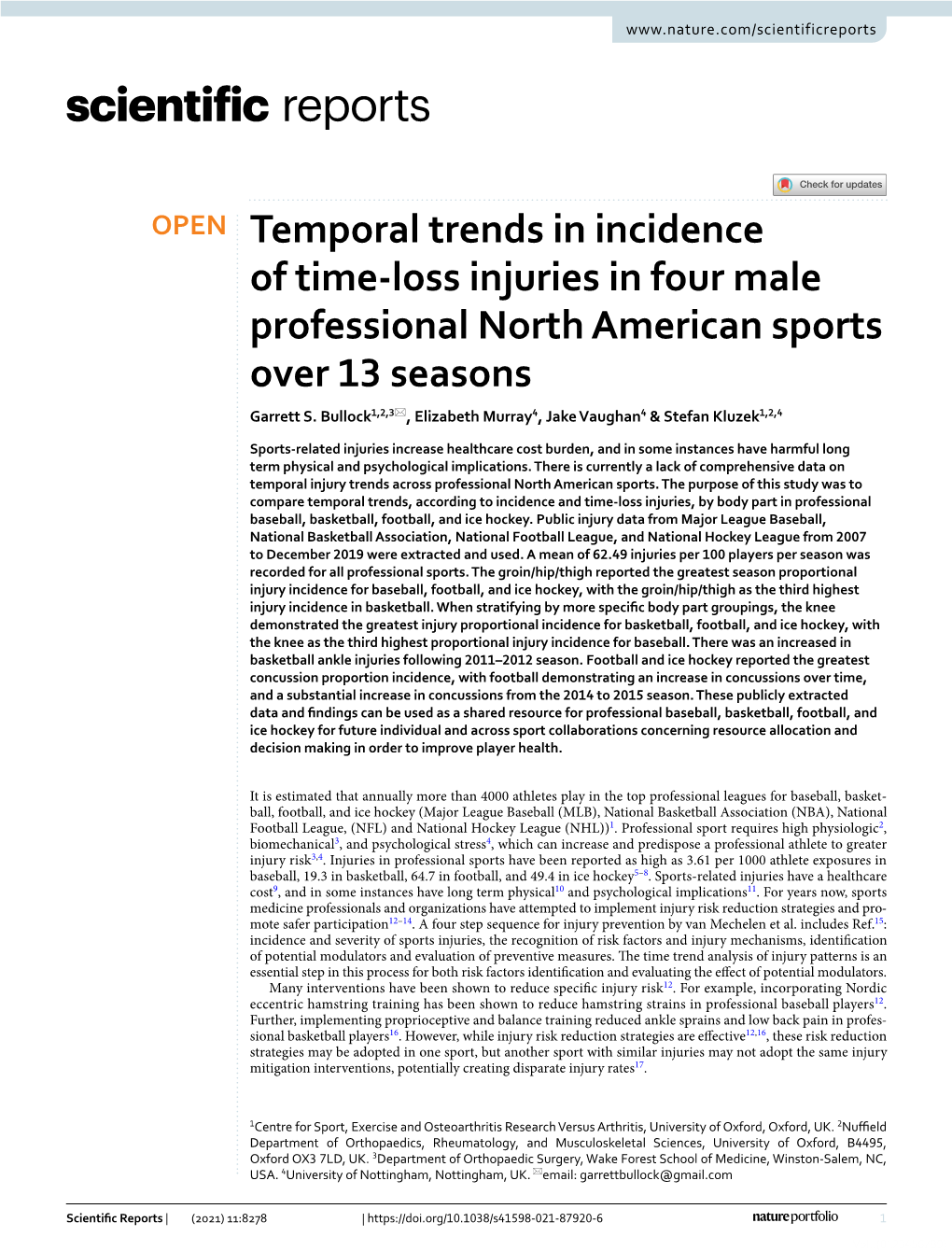 Temporal Trends in Incidence of Time-Loss Injuries in Four Male