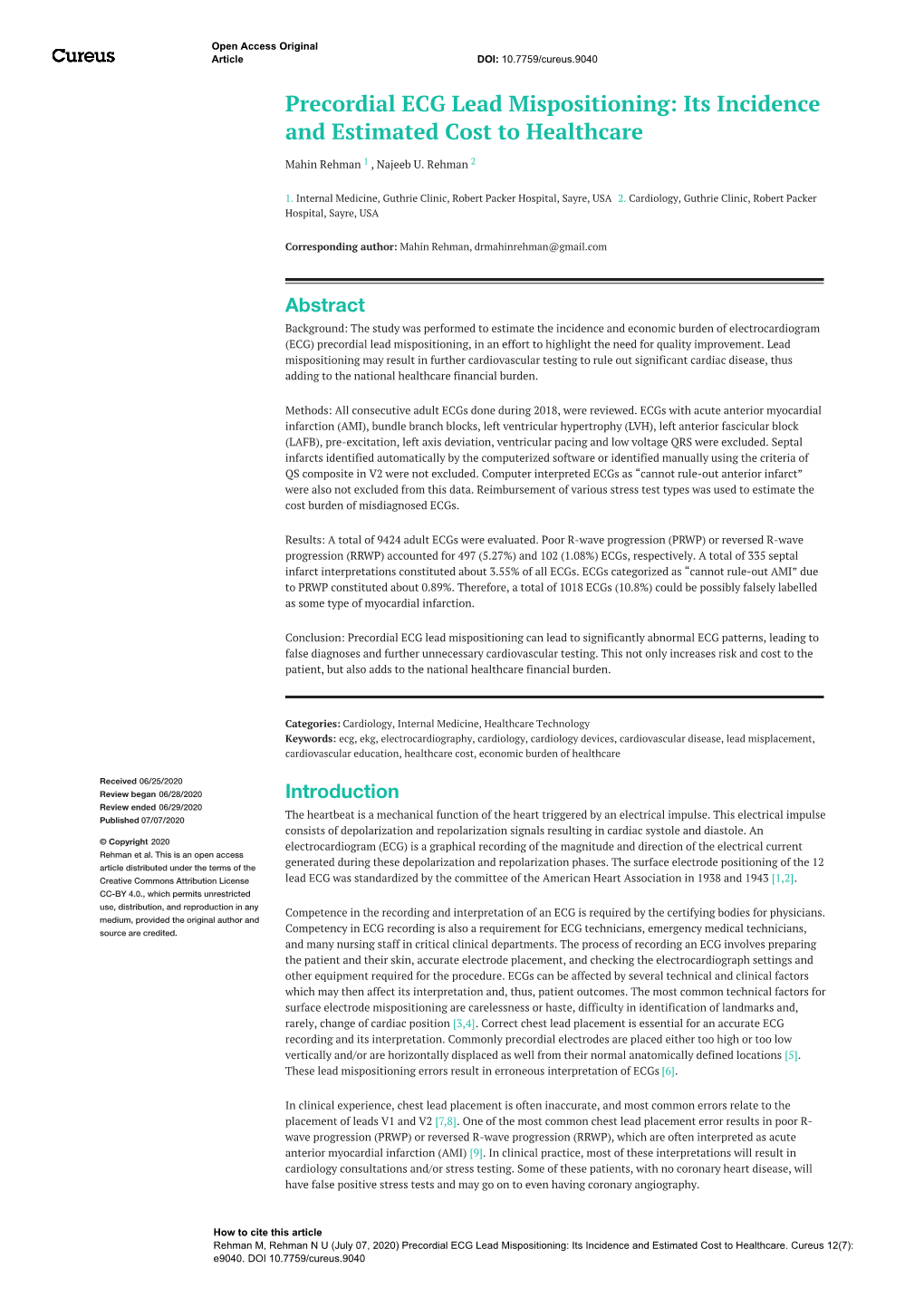 Precordial ECG Lead Mispositioning: Its Incidence and Estimated Cost to Healthcare