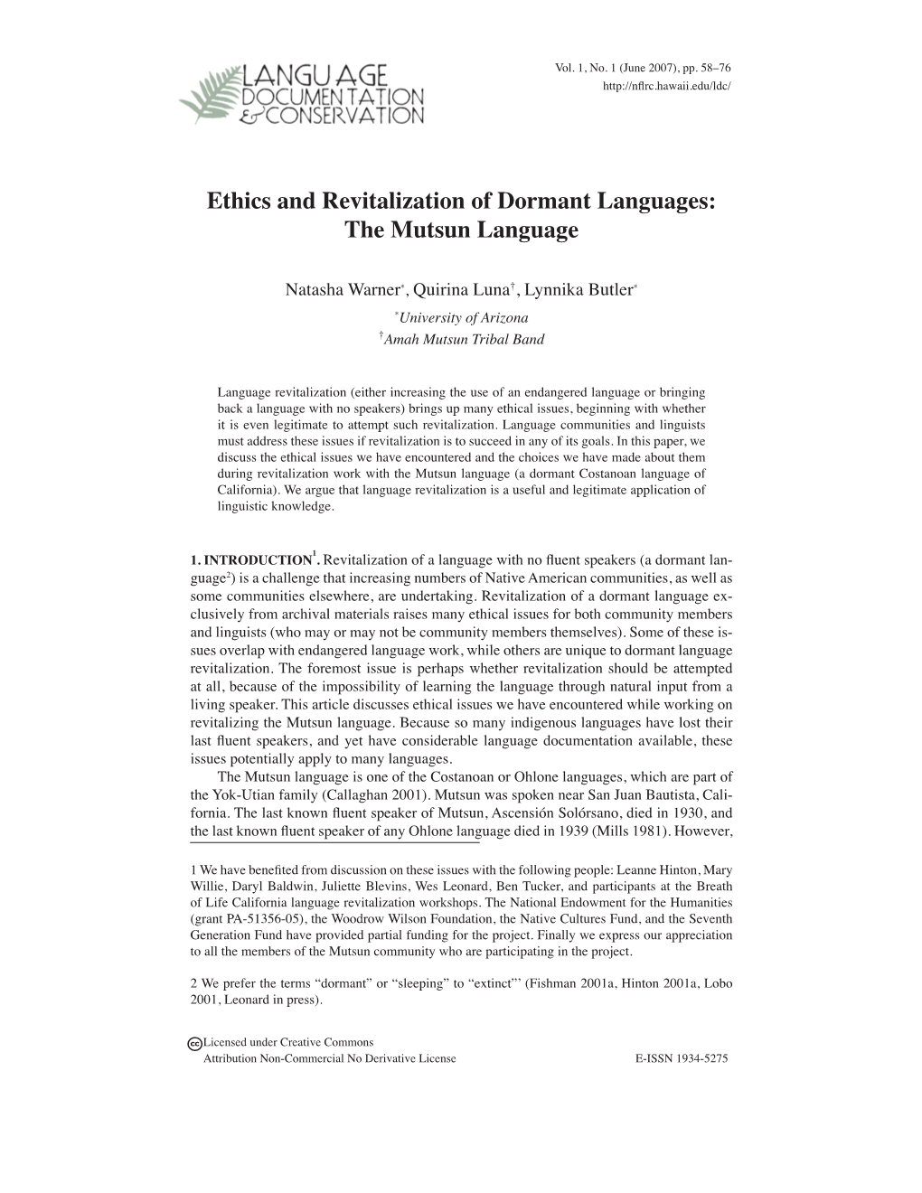 Ethics and Revitalization of Dormant Languages: the Mutsun Language