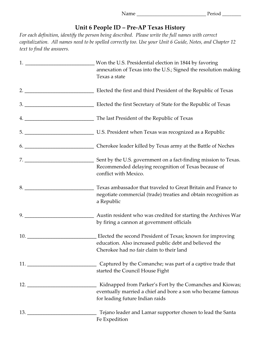 Unit 6 People ID Pre-AP Texas History