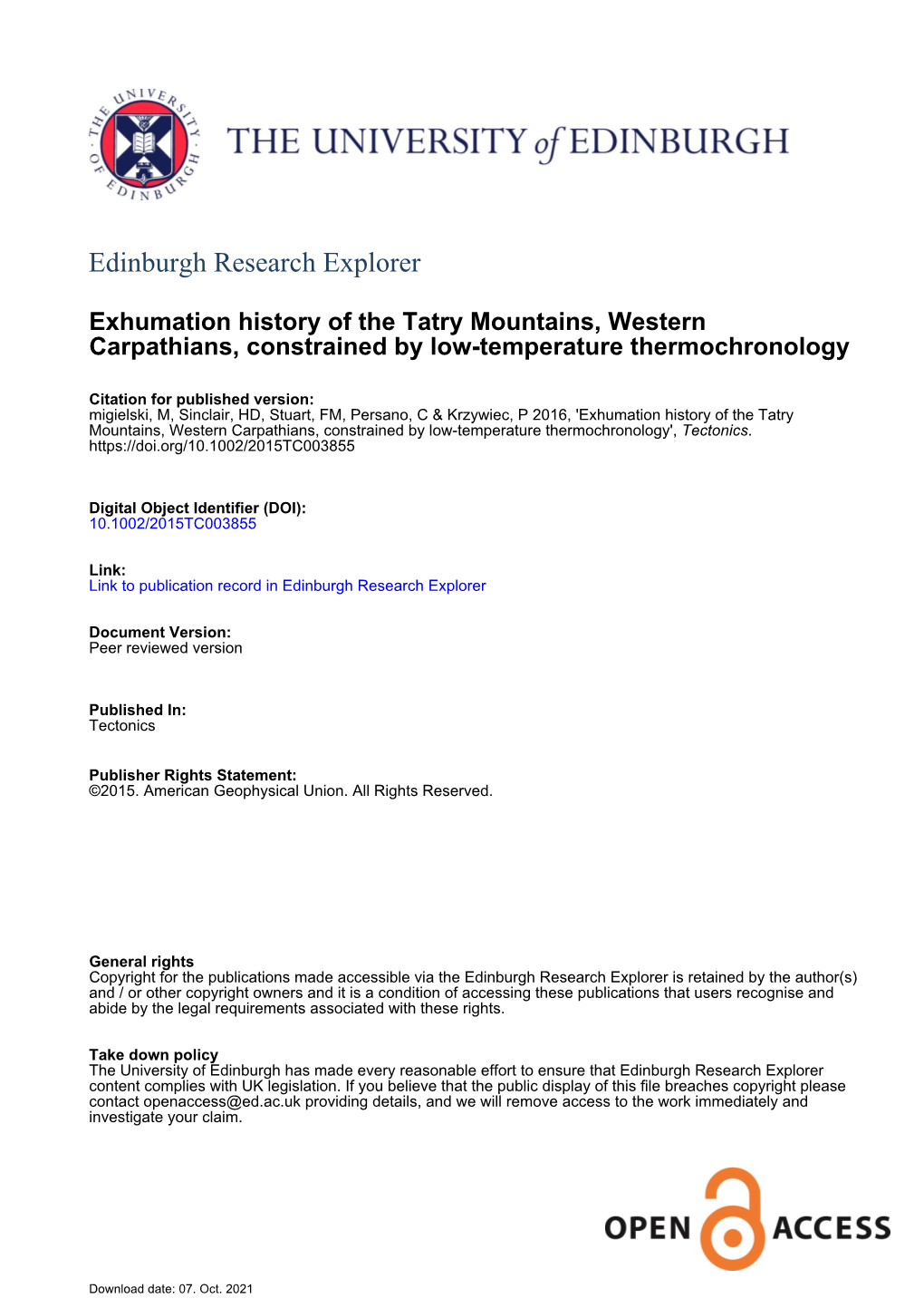 Exhumation History of the Tatry Mountains, Western Carpathians, Constrained by Low-Temperature Thermochronology', Tectonics