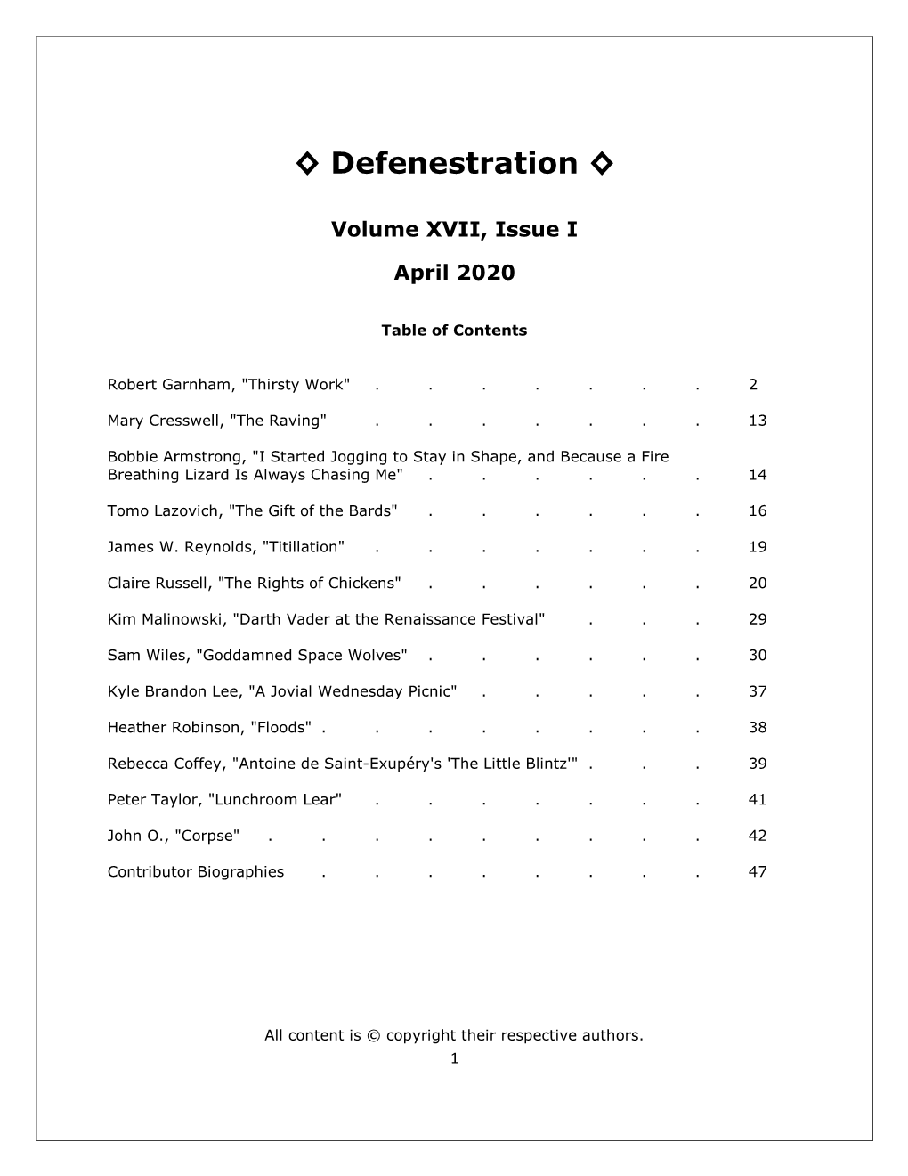 Defenestration, April 2020