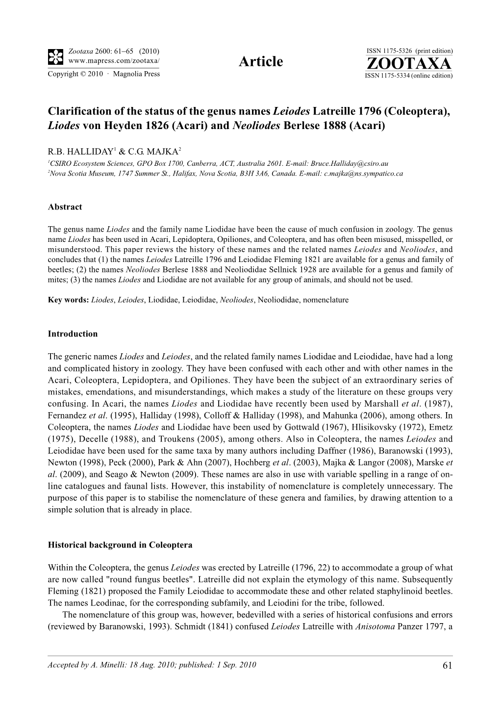 Zootaxa, Clarification of the Status of the Genus Names Leiodes Latreille