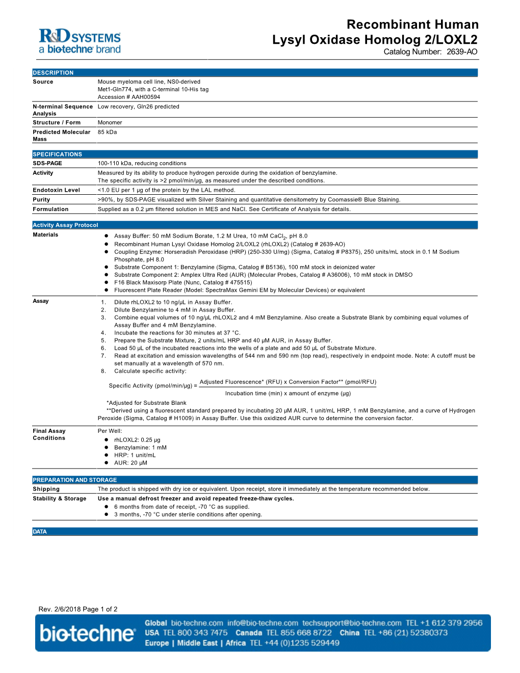 Recombinant Human Lysyl Oxidase Homolog 2/LOXL2