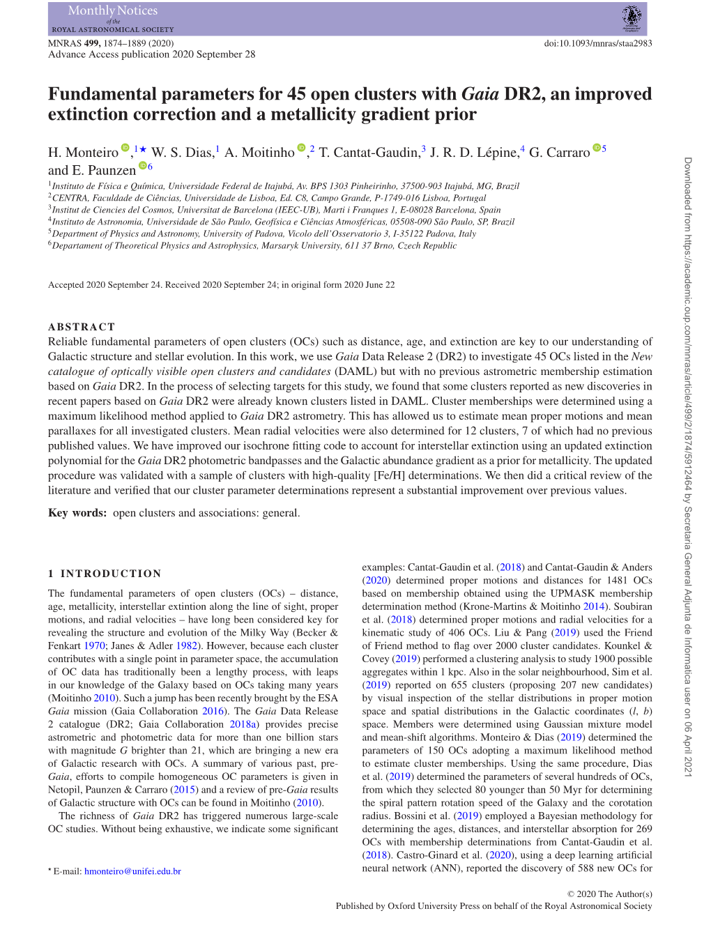 Fundamental Parameters for 45 Open Clusters with Gaia DR2, an Improved Extinction Correction and a Metallicity Gradient Prior