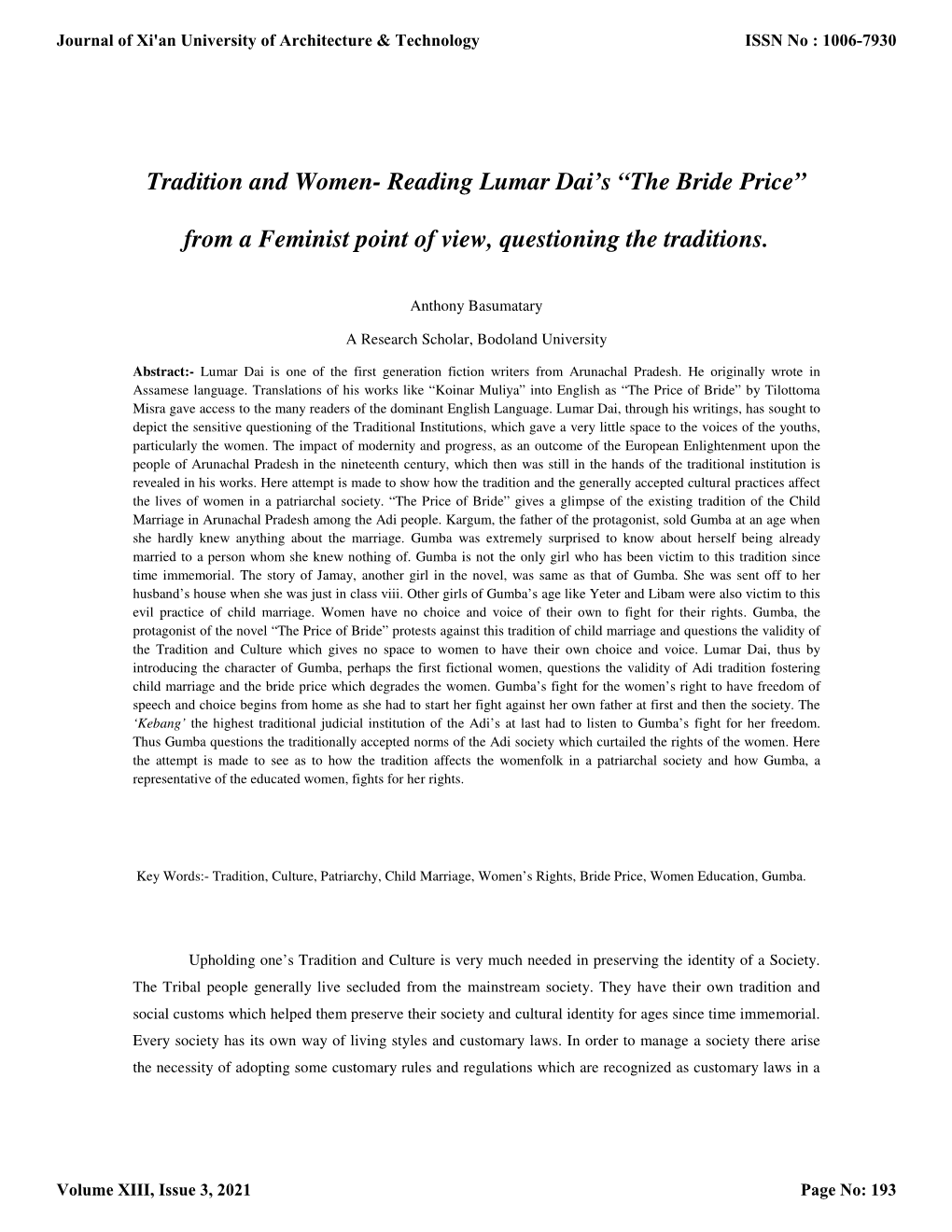 Tradition and Women- Reading Lumar Dai's “The Bride Price” from a Feminist Point of View, Questioning the Traditions