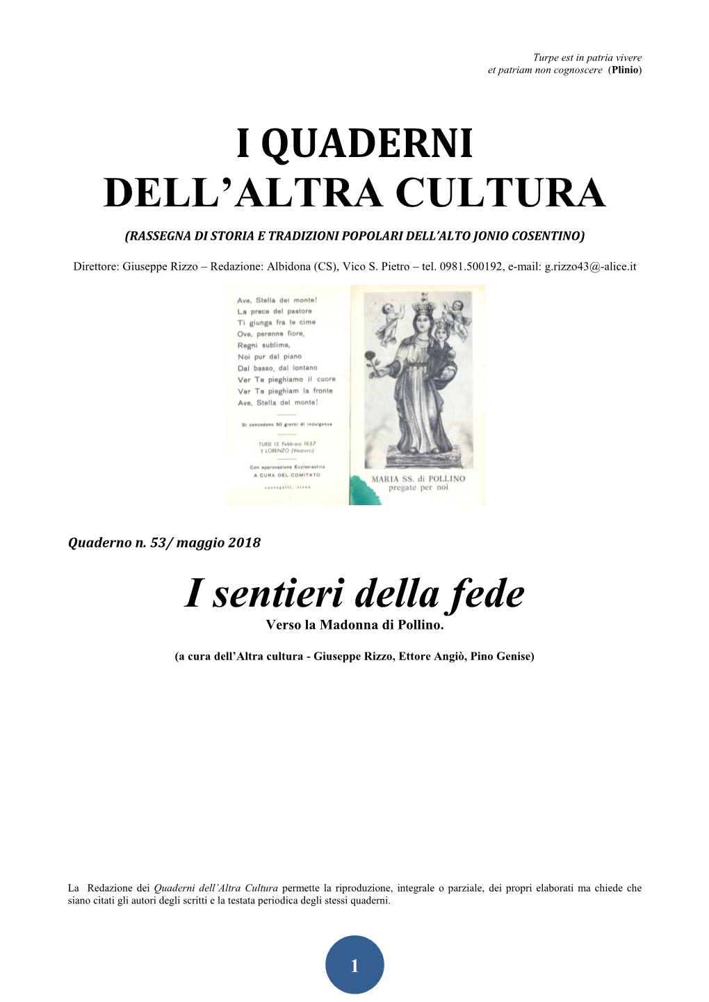 I QUADERNI DELL'altra CULTURA I Sentieri Della Fede