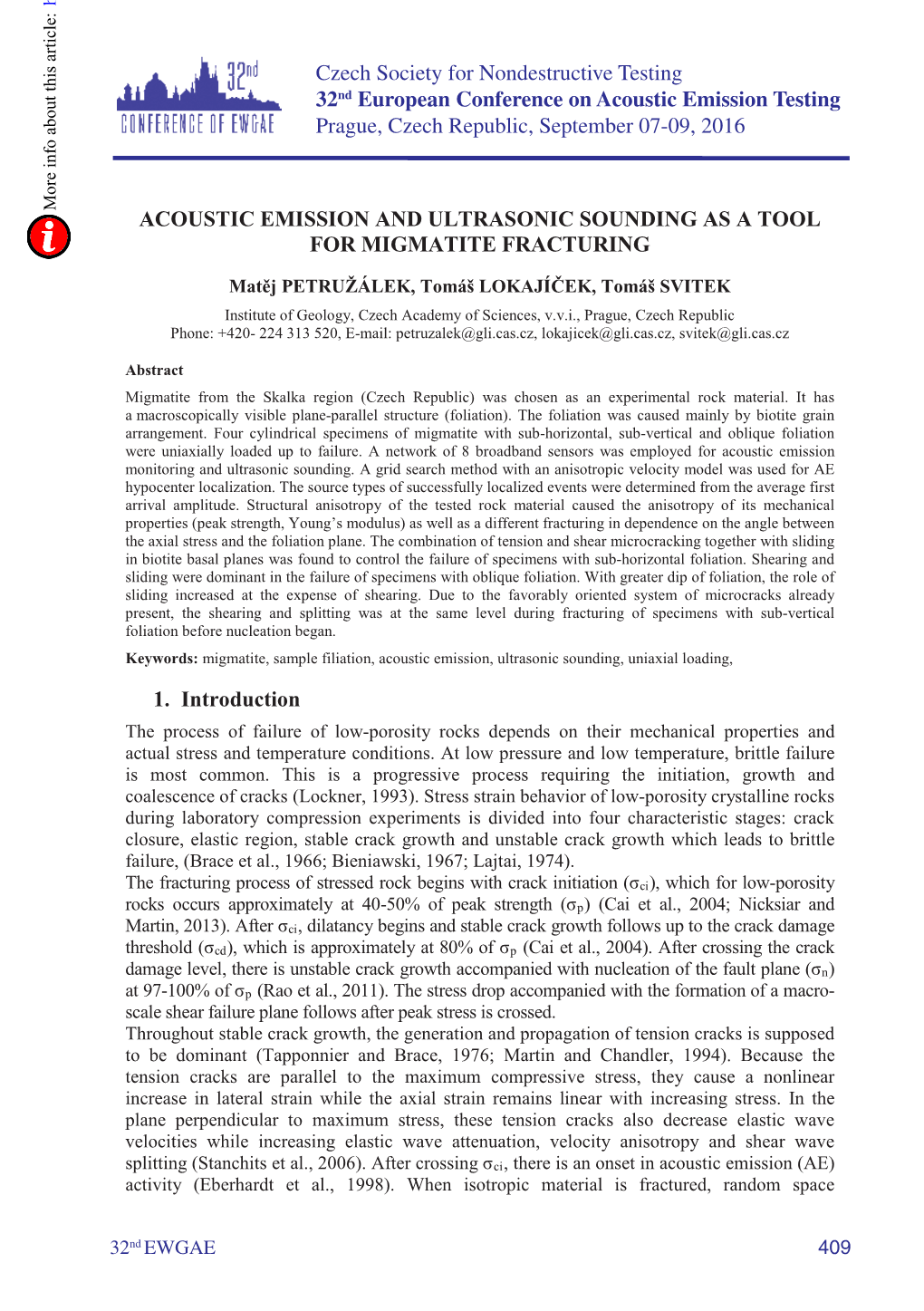 Acoustic Emission and Ultrasonic Sounding As a Tool for Migmatite Fracturing