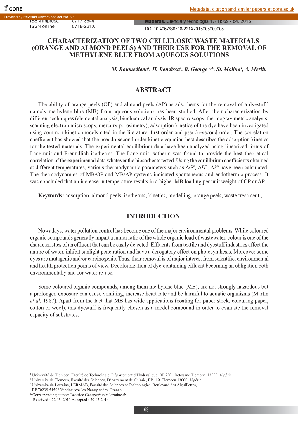 Characterization of Two Cellulosic Waste Materials (Orange and Almond Peels) and Their Use for the Removal of Methylene Blue from Aqueous Solutions