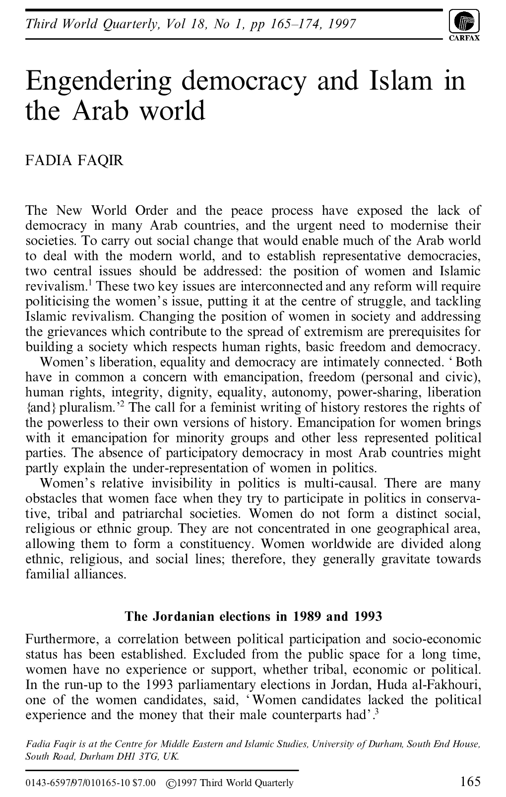 Engendering Democracy and Islam in the Arab World