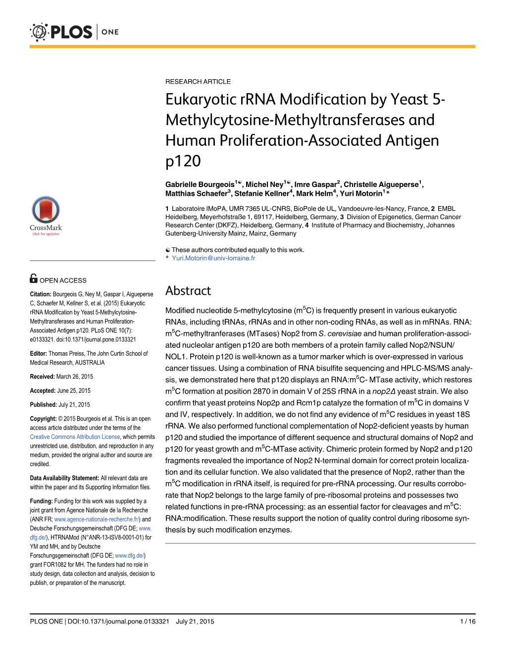 Eukaryotic Rrna Modification by Yeast 5- Methylcytosine-Methyltransferases and Human Proliferation-Associated Antigen P120