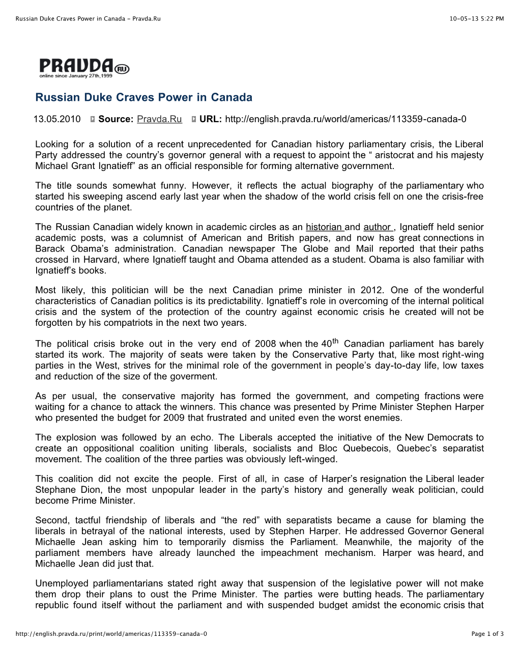 Russian Duke Craves Power in Canada - Pravda.Ru 10-05-13 5:22 PM
