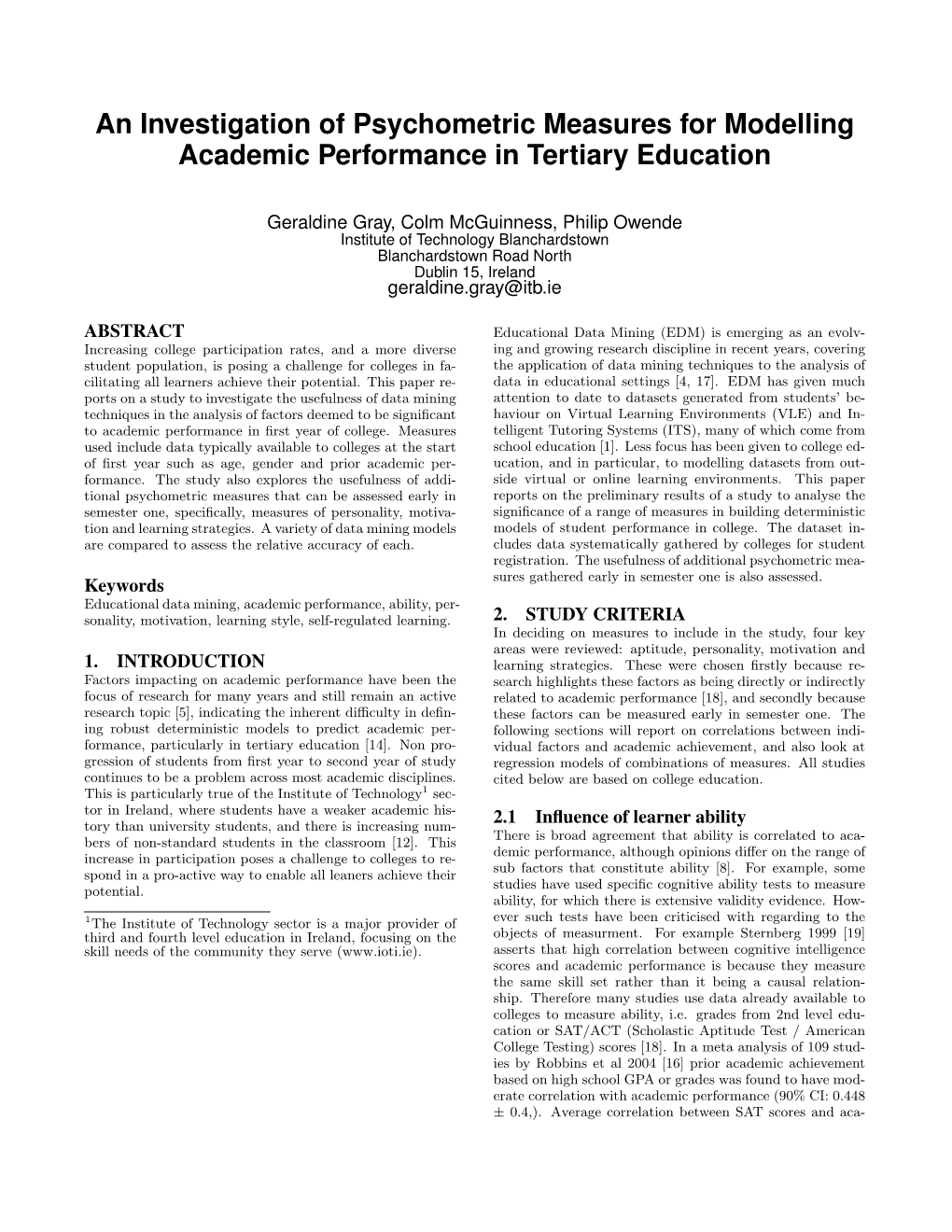 An Investigation of Psychometric Measures for Modelling Academic Performance in Tertiary Education