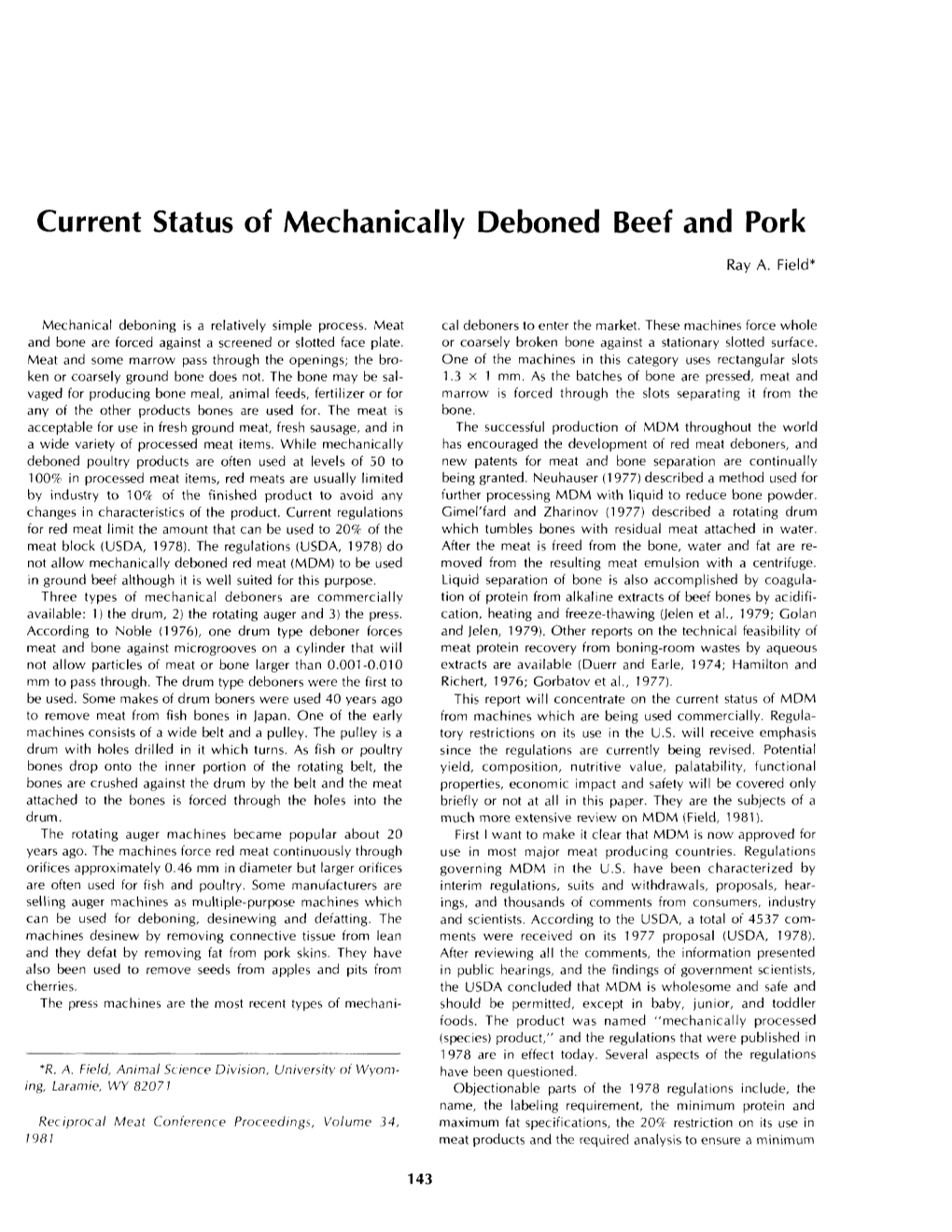 Current Status of Mechanically Deboned Beef and Pork