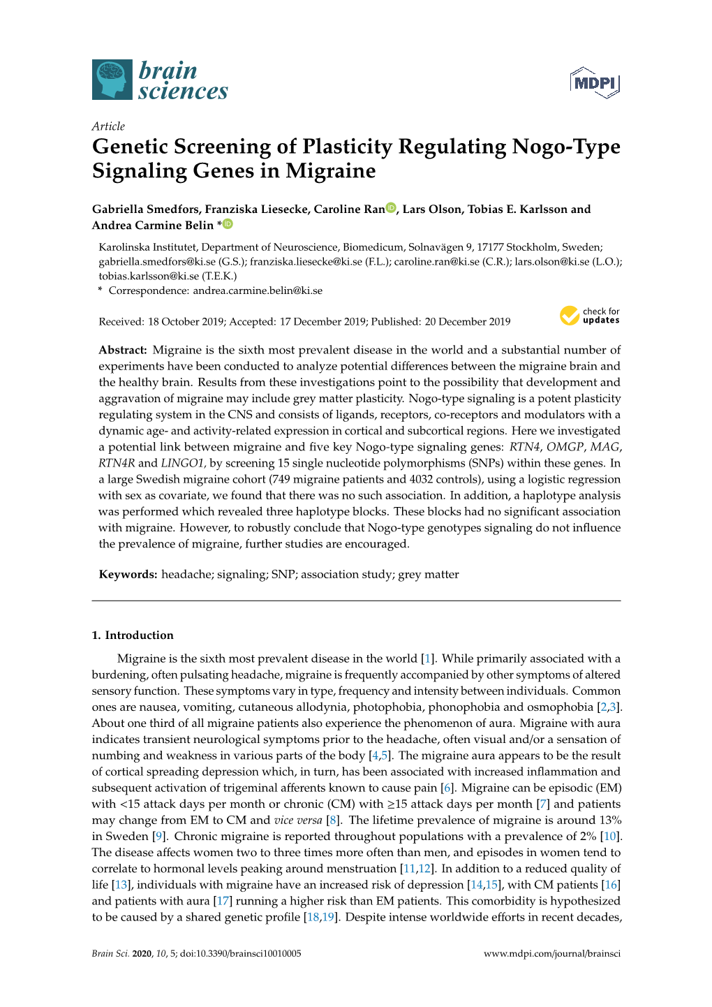 Genetic Screening of Plasticity Regulating Nogo-Type Signaling Genes in Migraine