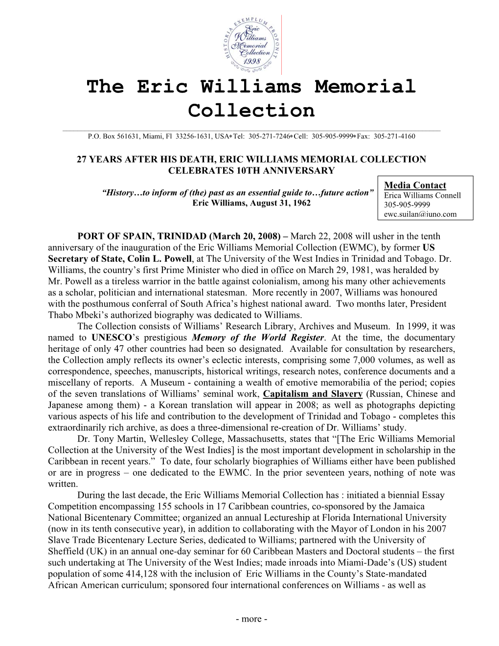 The Eric Williams Memorial Collection ______P.O