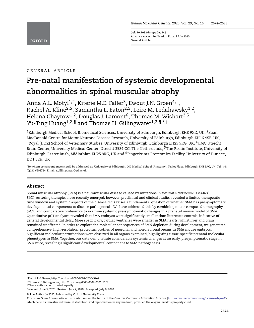 Pre-Natal Manifestation of Systemic Developmental Abnormalities in Spinal Muscular Atrophy Anna A.L