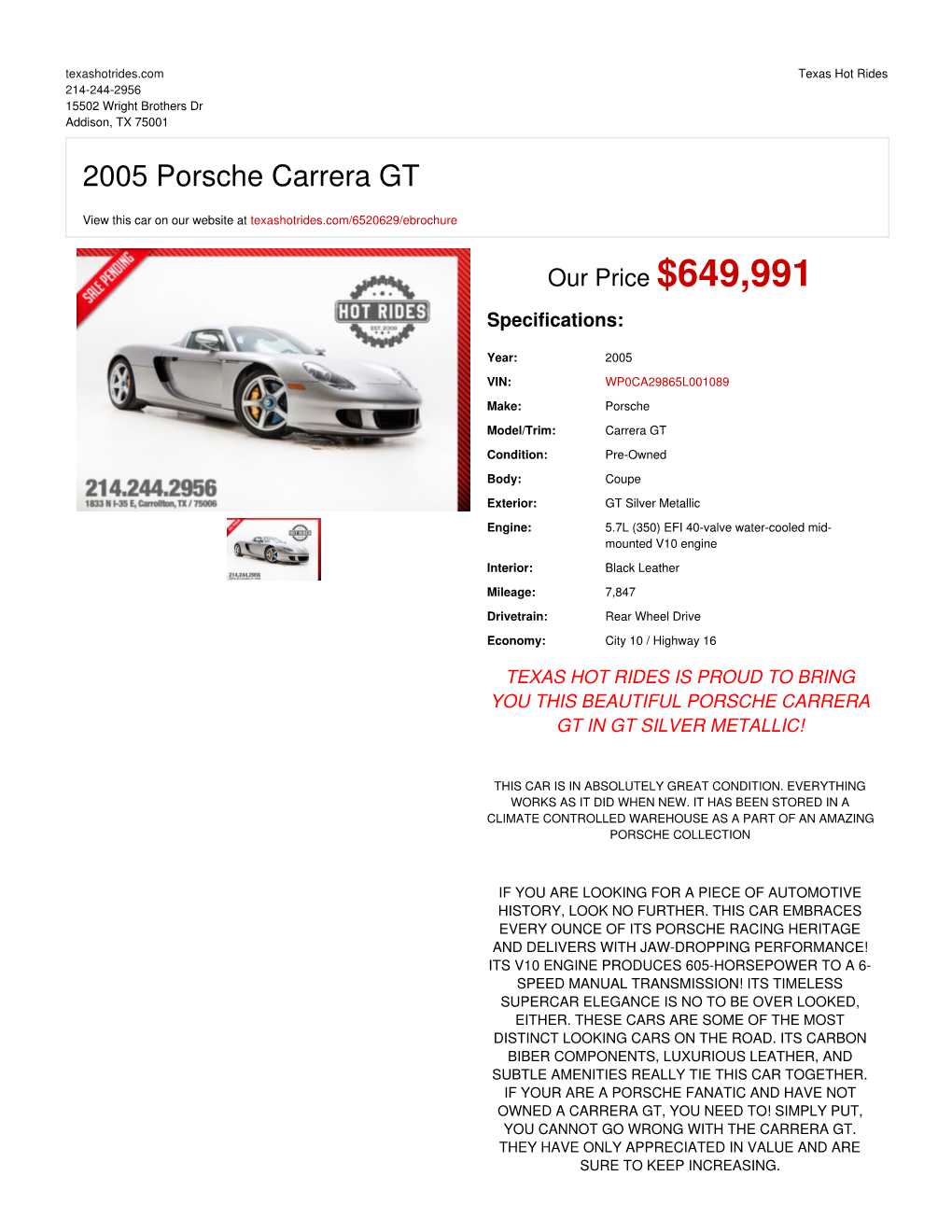 2005 Porsche Carrera GT | Addison, TX | Texas Hot Rides