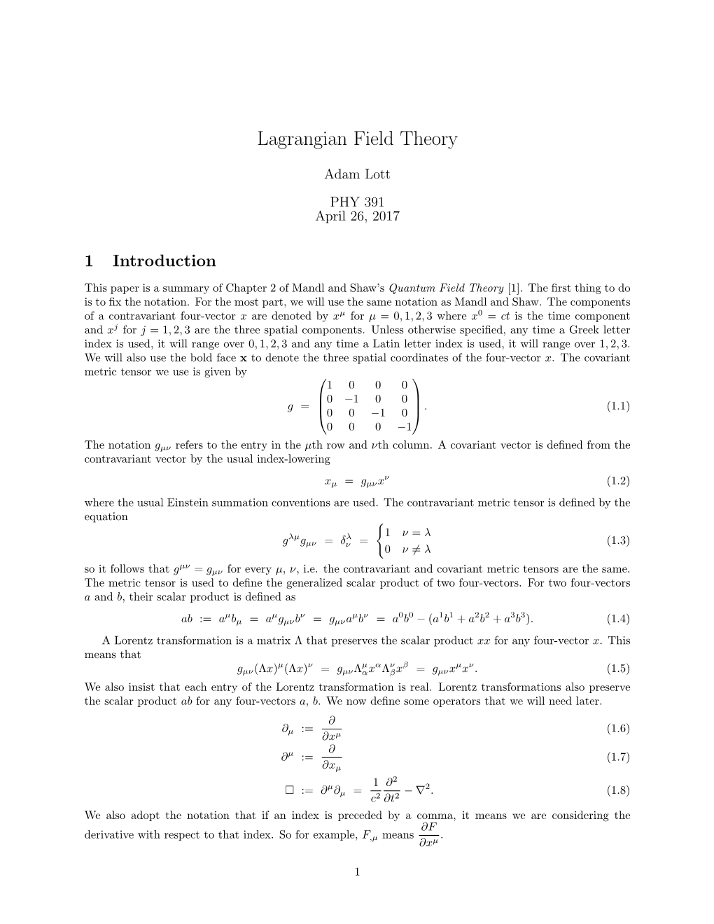 Introduction to Lagrangian Field Theory