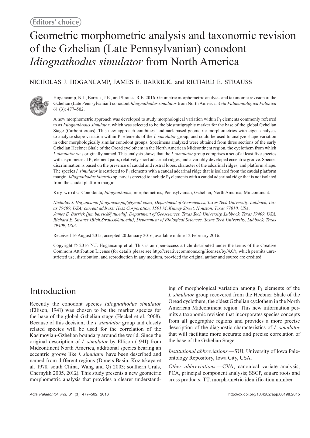 Geometric Morphometric Analysis and Taxonomic Revision of the Gzhelian (Late Pennsylvanian) Conodont Idiognathodus Simulator from North America