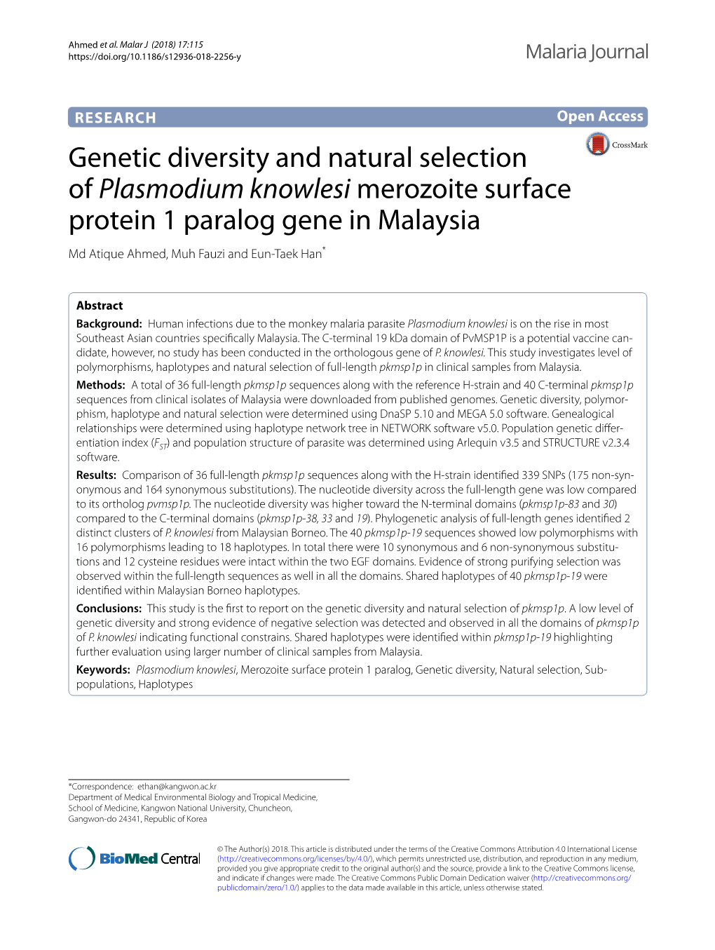 Genetic Diversity and Natural Selection of Plasmodium Knowlesi Merozoite Surface Protein 1 Paralog Gene in Malaysia Md Atique Ahmed, Muh Fauzi and Eun‑Taek Han*