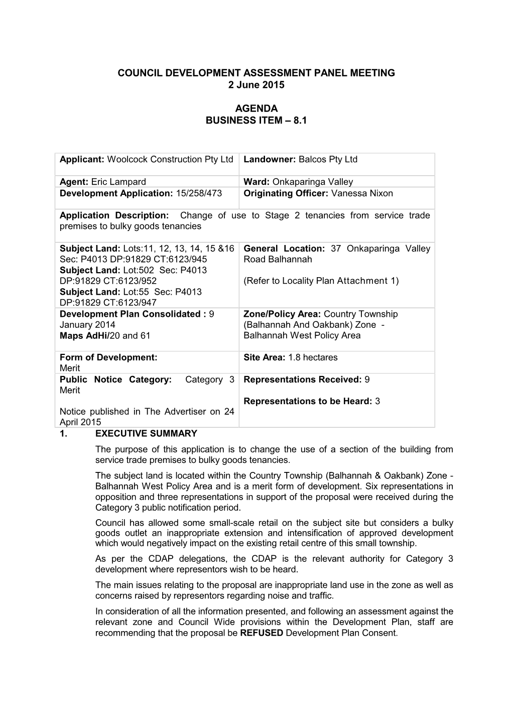 COUNCIL DEVELOPMENT ASSESSMENT PANEL MEETING 2 June 2015