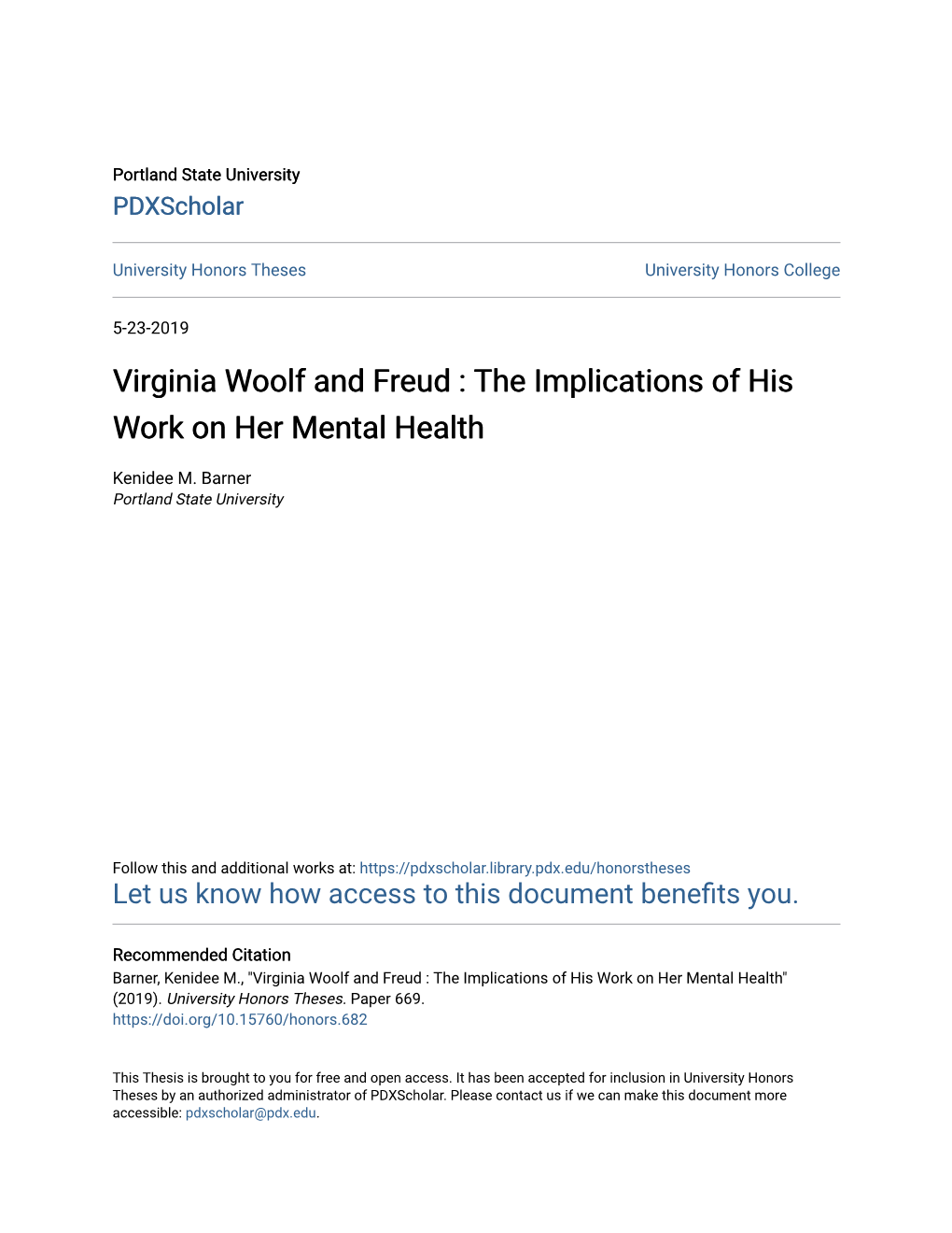 Virginia Woolf and Freud : the Implications of His Work on Her Mental Health