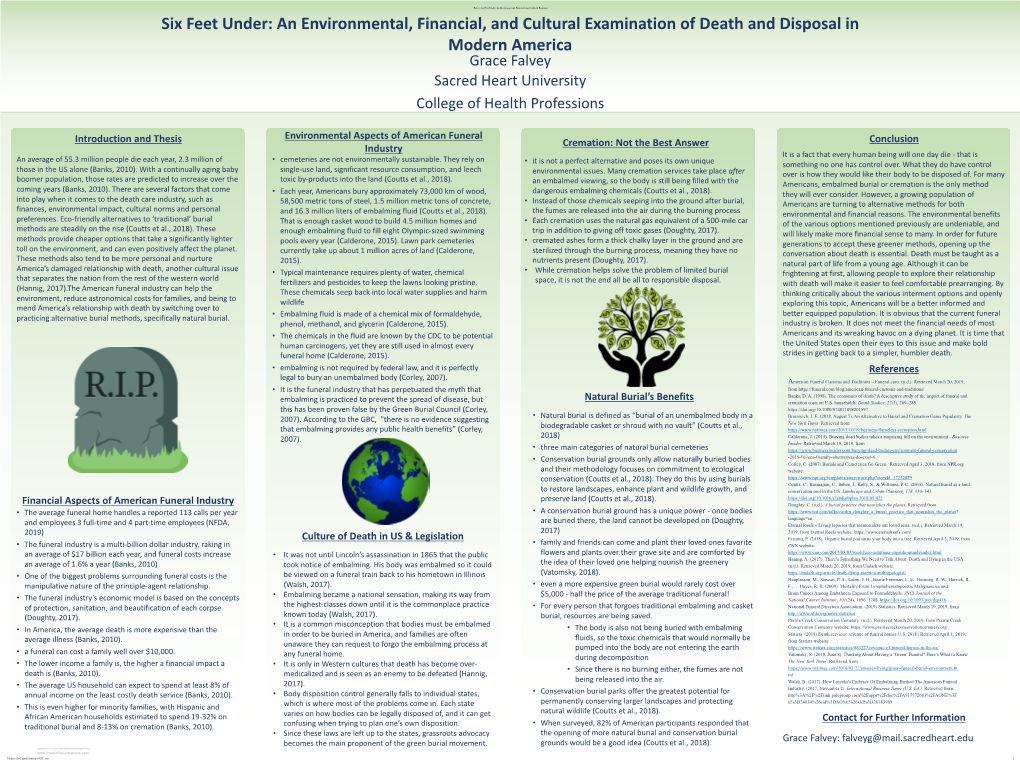 An Environmental, Financial, and Cultural Examination of Death and Disposal in Modern America Grace Falvey Sacred Heart University College of Health Professions