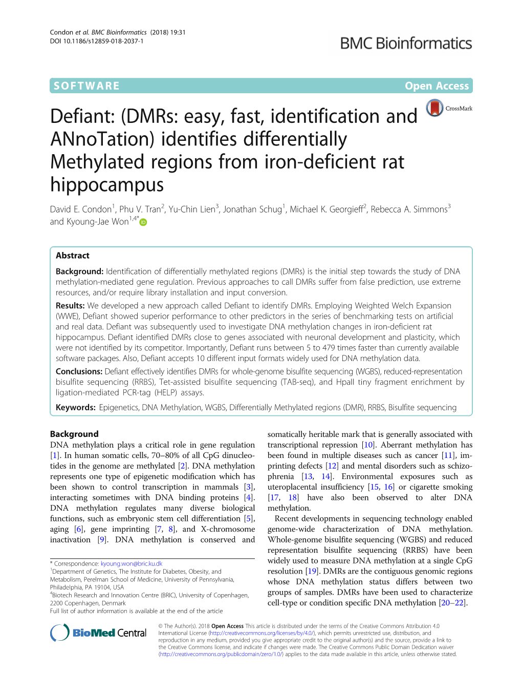Identifies Differentially Methylated Regions from Iron-Deficient Rat Hippocampus David E