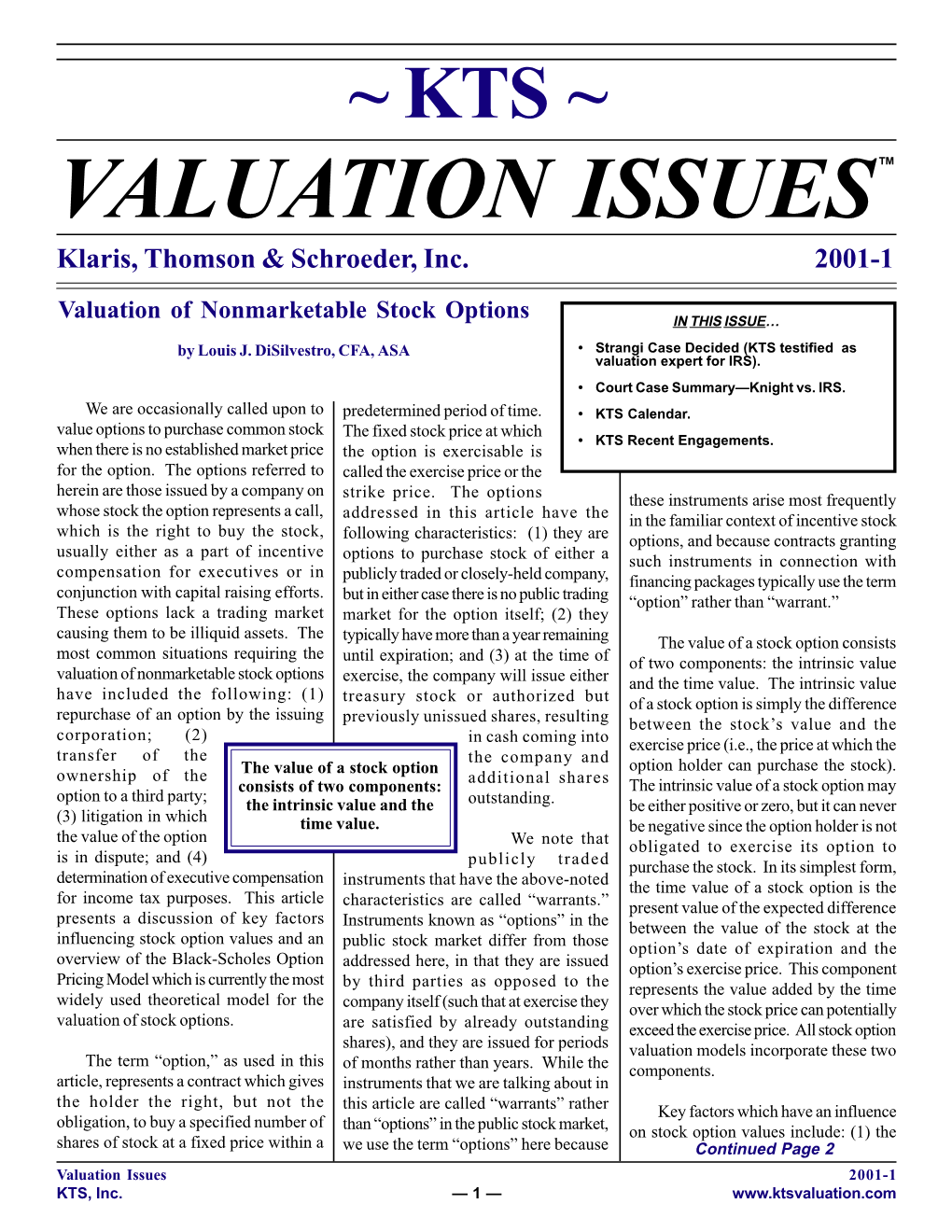 VALUATION ISSUES ™ Klaris, Thomson & Schroeder, Inc
