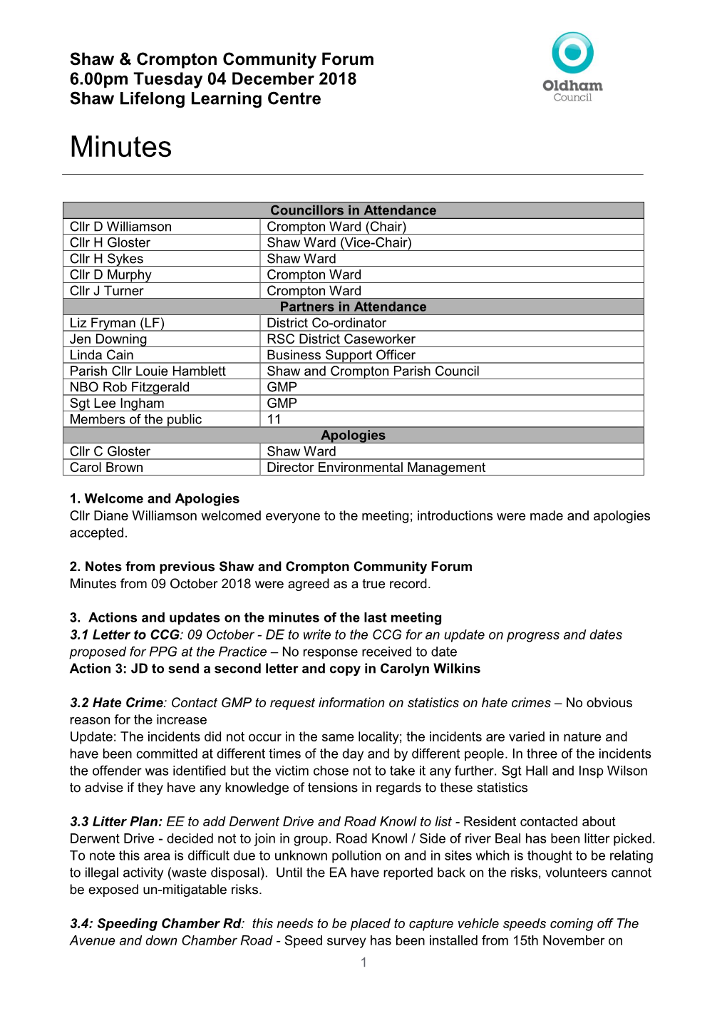 Shaw and Crompton Community Forum Minutes PDF 215 KB