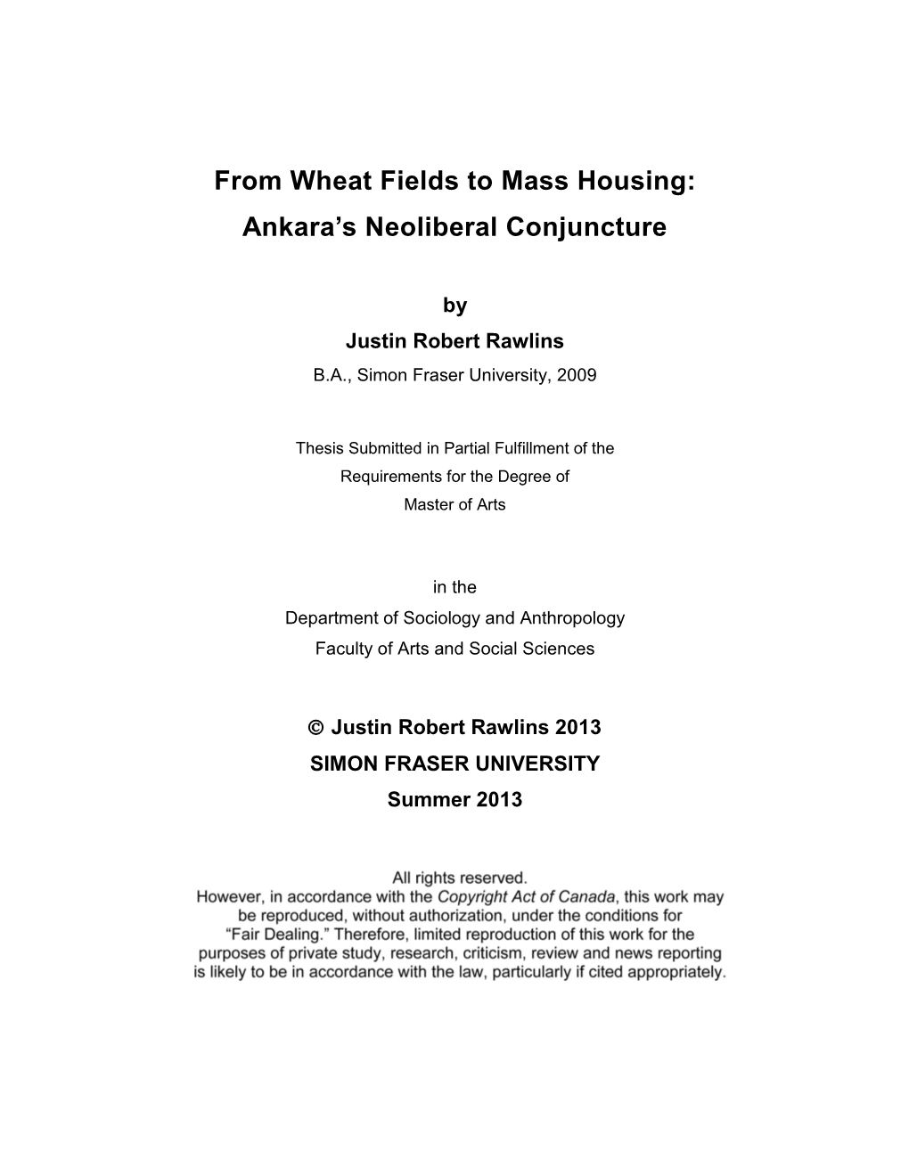 From Wheat Fields to Mass Housing: Ankara's Neoliberal Conjuncture