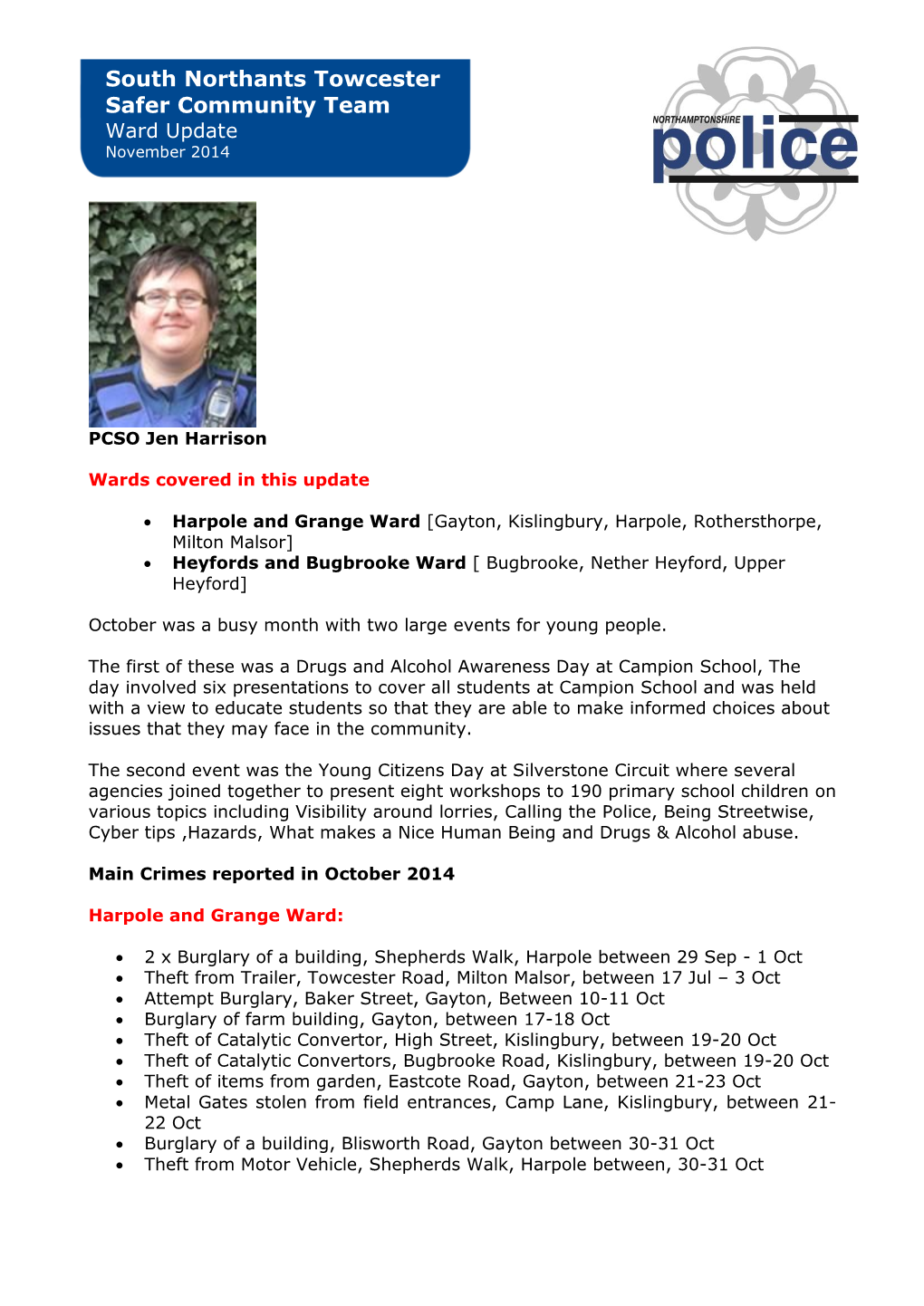 Ward Update November 2014