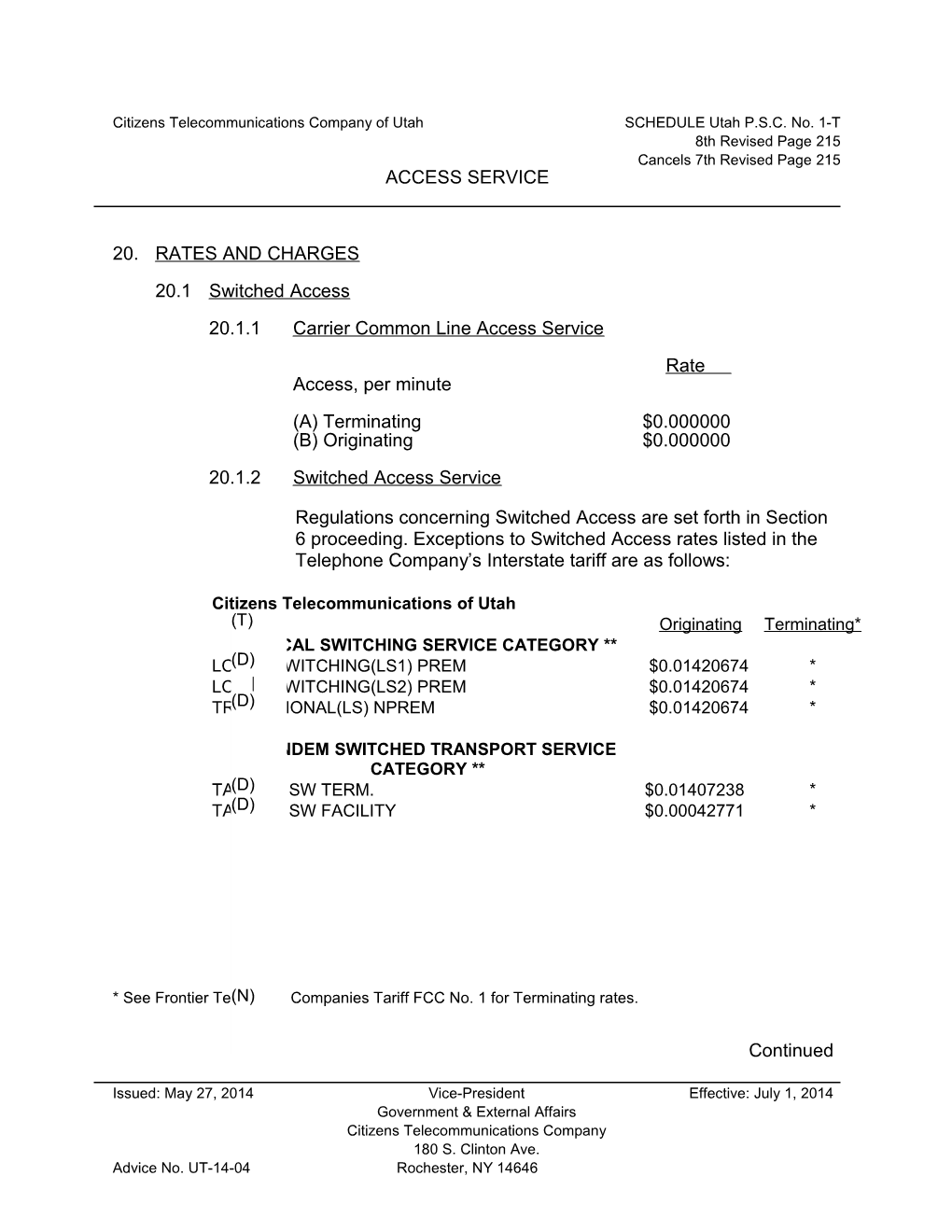 Citizens Telecommunications Company of Utah SCHEDULE Utah P.S.C. No. 1-T s1
